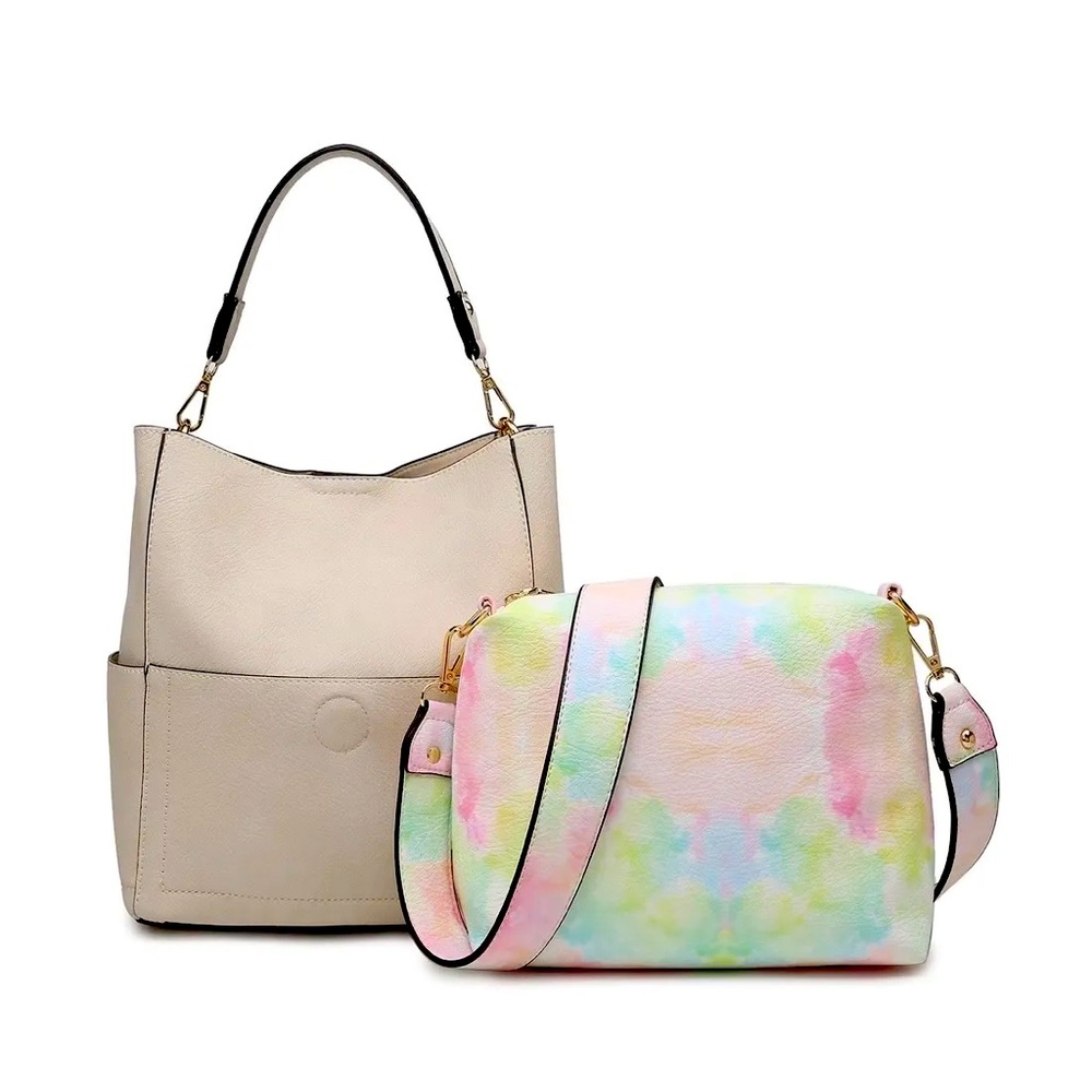 NWT Jen + Co Vegan Leather Tie-Dye Crossbody Bucket Bag & Makeup Bag Set